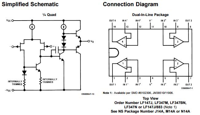 LF347N Wide Bandwidth Quad JFET Input Operational Amplifiers National Semiconduc